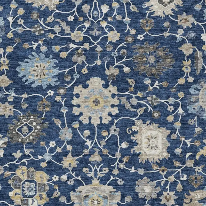 Navy Blue And Blue Floral Washable Indoor Outdoor Area Rug Photo 2