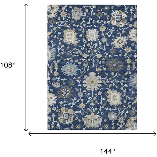 Navy Blue And Blue Floral Washable Indoor Outdoor Area Rug Photo 6