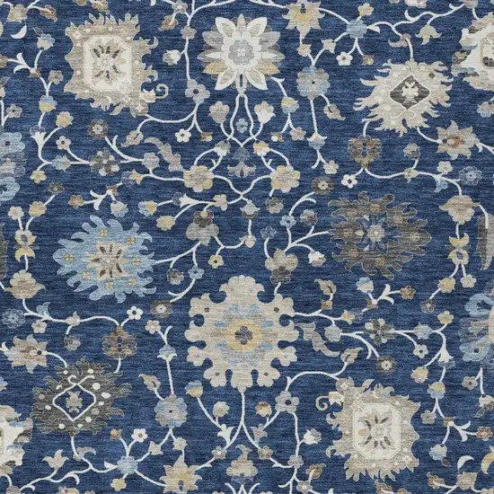 Navy Blue And Blue Floral Washable Indoor Outdoor Area Rug Photo 3