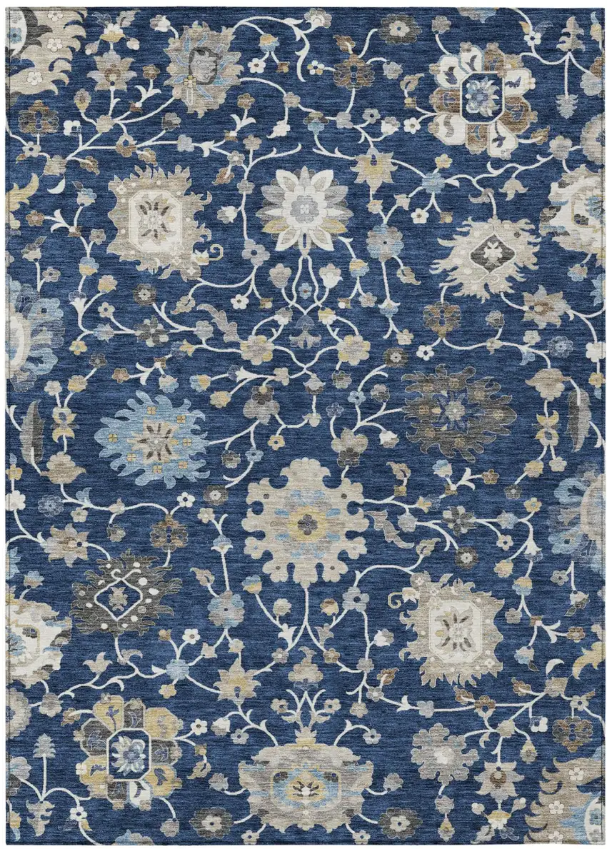Navy Blue And Blue Floral Washable Indoor Outdoor Area Rug Photo 1