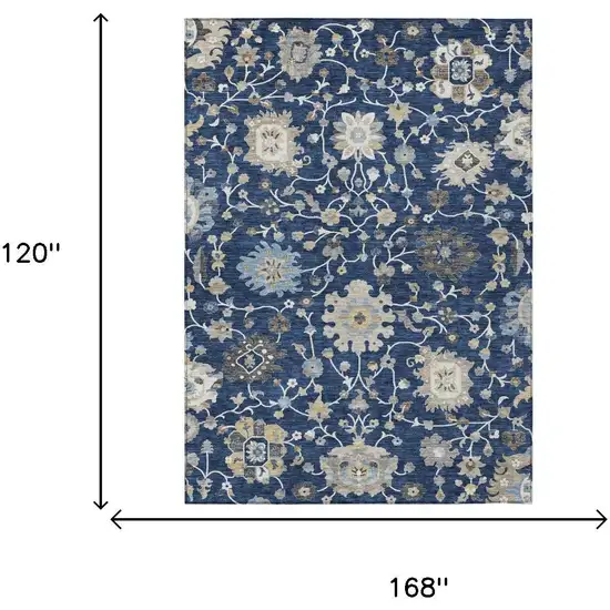 Navy Blue And Blue Floral Washable Indoor Outdoor Area Rug Photo 6