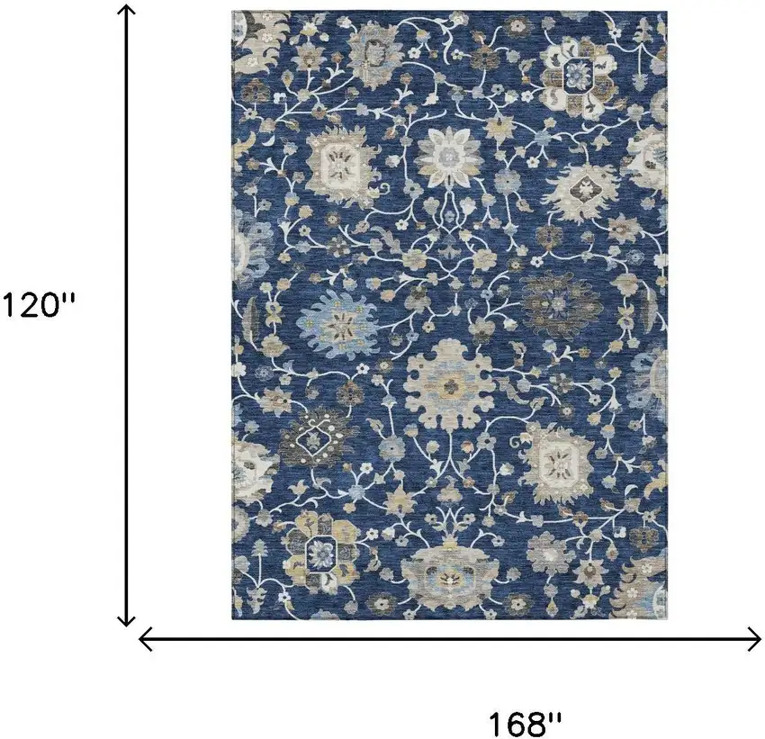Navy Blue And Blue Floral Washable Indoor Outdoor Area Rug Photo 6