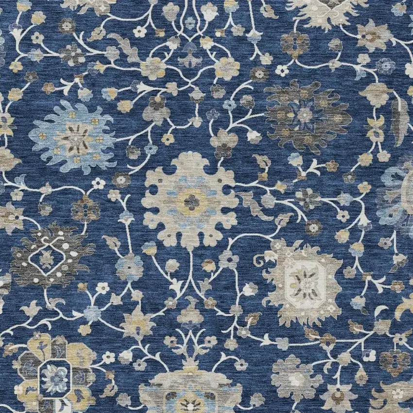Navy Blue And Blue Floral Washable Indoor Outdoor Area Rug Photo 2