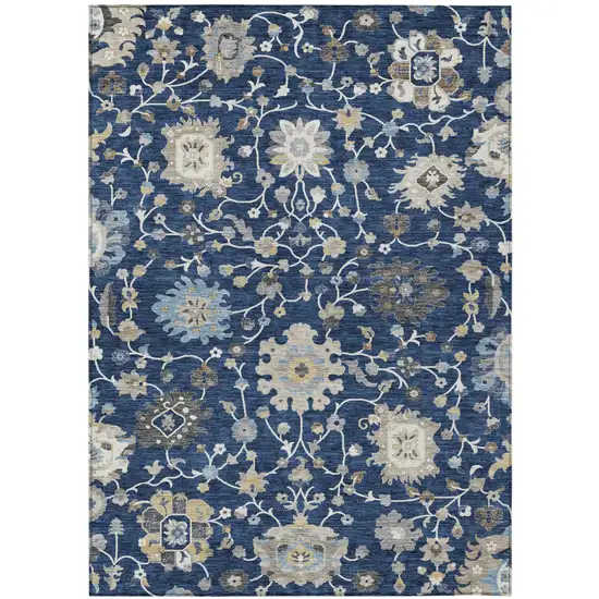 Navy Blue And Blue Floral Washable Indoor Outdoor Area Rug Photo 1
