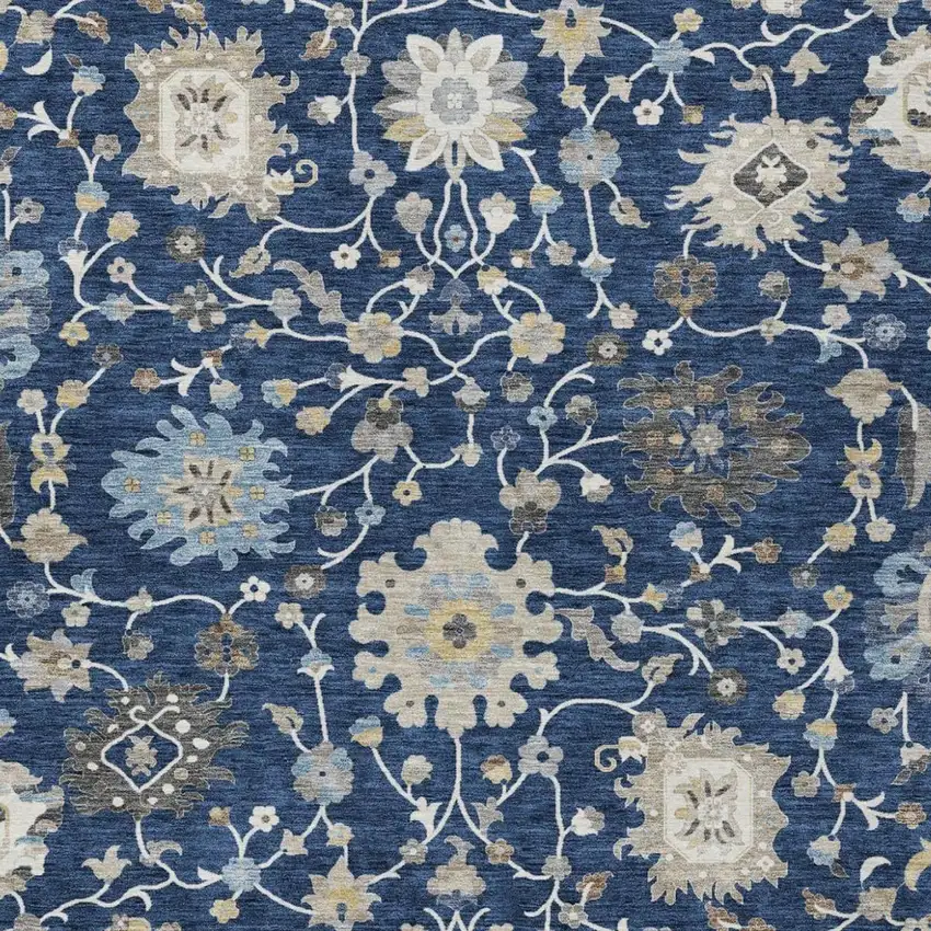 Navy Blue And Blue Floral Washable Indoor Outdoor Area Rug Photo 3