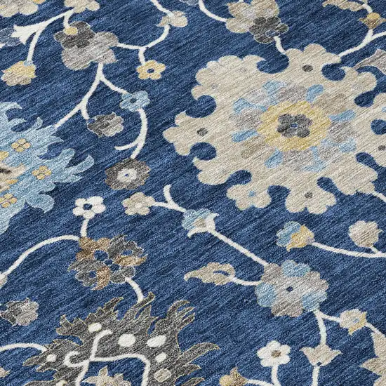 Navy Blue And Blue Floral Washable Indoor Outdoor Area Rug Photo 5