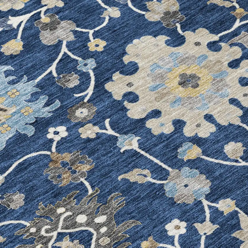 Navy Blue And Blue Floral Washable Indoor Outdoor Area Rug Photo 5