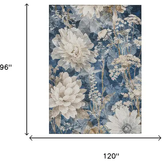 Navy Blue And Blue Floral Washable Indoor Outdoor Area Rug Photo 6