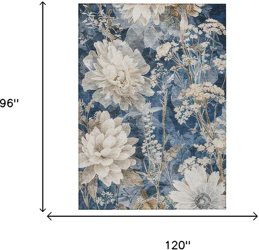 Navy Blue And Blue Floral Washable Indoor Outdoor Area Rug Photo 6