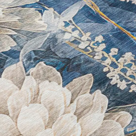 Navy Blue And Blue Floral Washable Indoor Outdoor Area Rug Photo 5