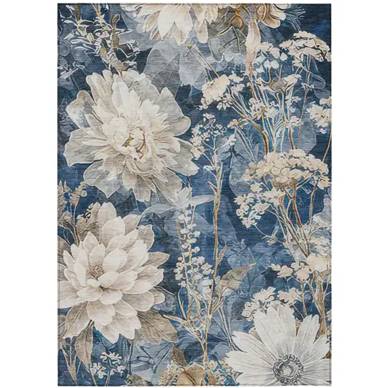 Navy Blue And Blue Floral Washable Indoor Outdoor Area Rug Photo 1