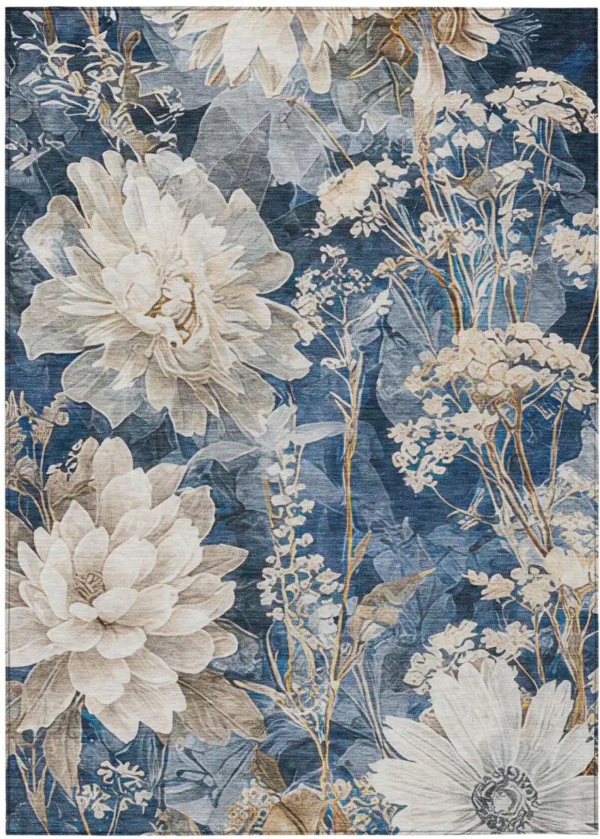 Navy Blue And Blue Floral Washable Indoor Outdoor Area Rug Photo 1