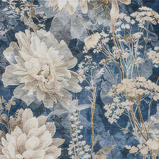 Navy Blue And Blue Floral Washable Indoor Outdoor Area Rug Photo 2