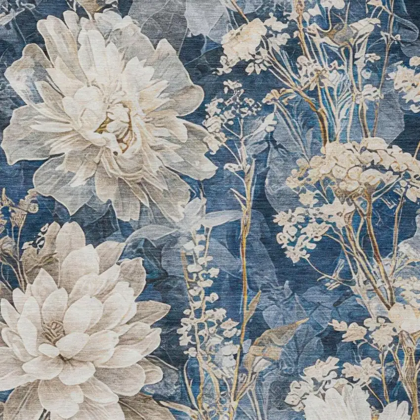 Navy Blue And Blue Floral Washable Indoor Outdoor Area Rug Photo 3