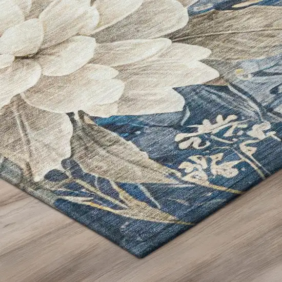 Navy Blue And Blue Floral Washable Indoor Outdoor Area Rug Photo 4