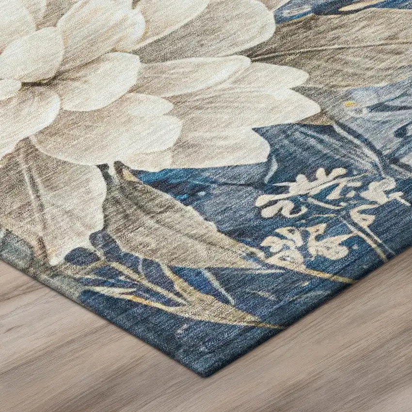 Navy Blue And Blue Floral Washable Indoor Outdoor Area Rug Photo 4