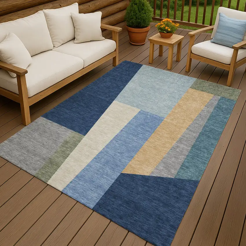 Navy Blue And Blue Geometric Washable Indoor Outdoor Area Rug Photo 4