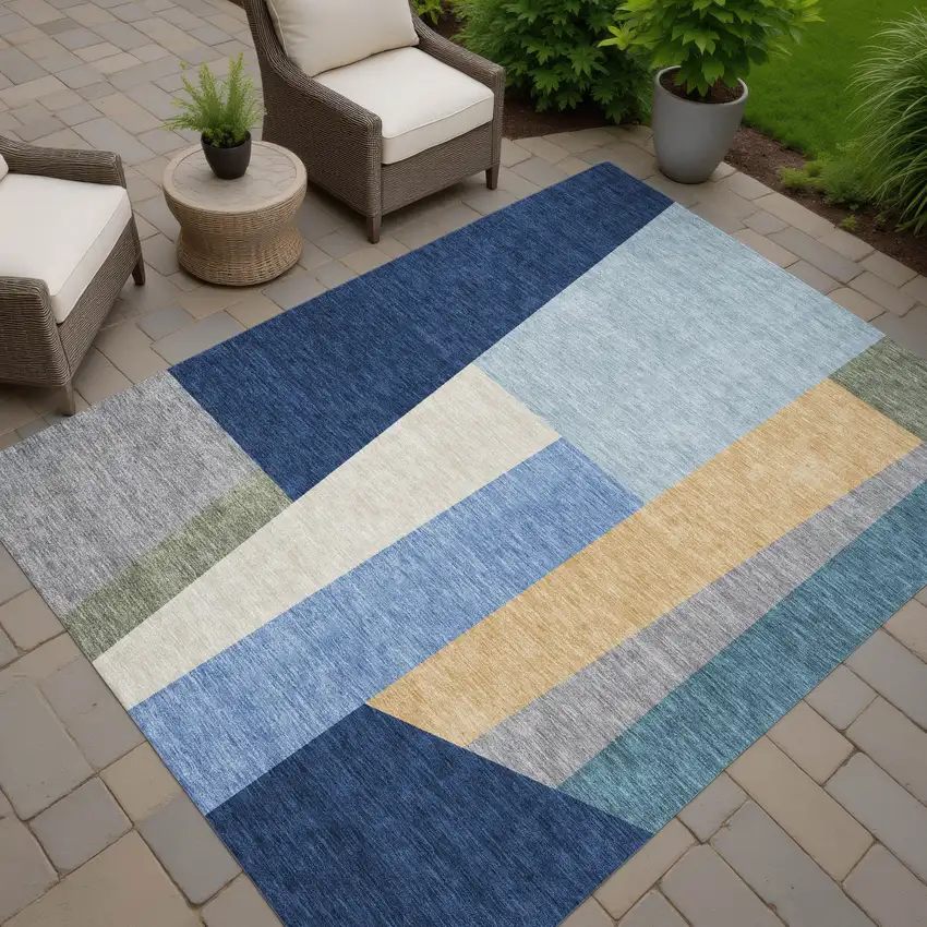 Navy Blue And Blue Geometric Washable Indoor Outdoor Area Rug Photo 7