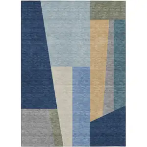 Photo of Navy Blue And Blue Geometric Washable Indoor Outdoor Area Rug