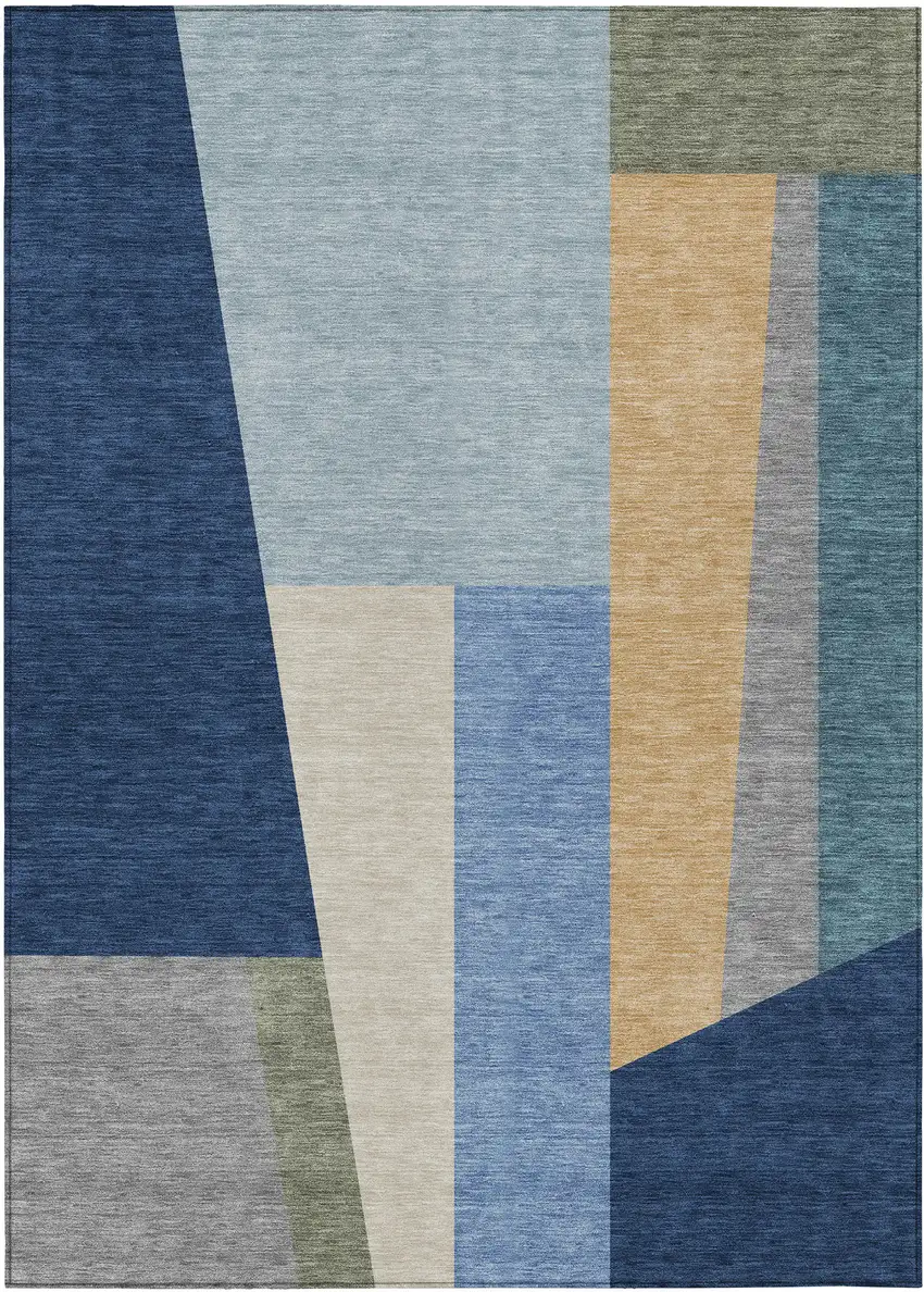 Navy Blue And Blue Geometric Washable Indoor Outdoor Area Rug Photo 1