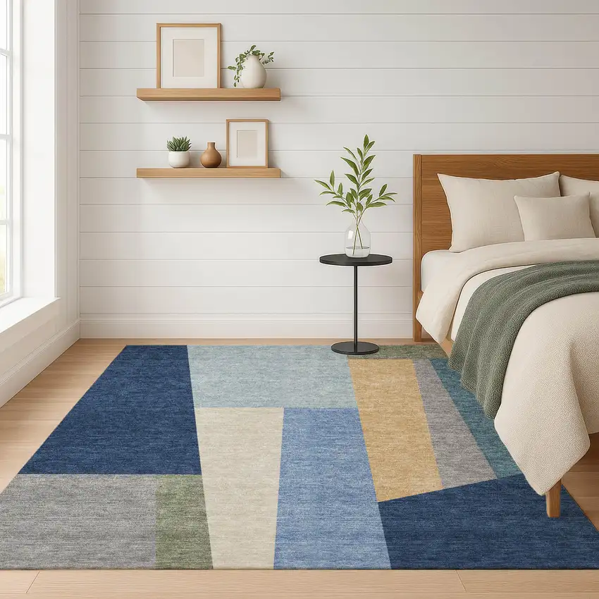 Navy Blue And Blue Geometric Washable Indoor Outdoor Area Rug Photo 6