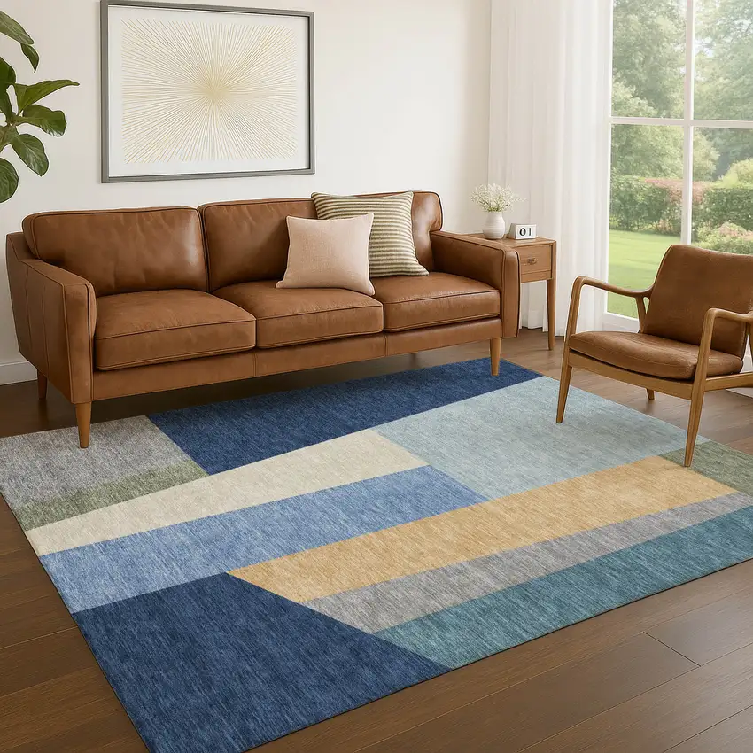 Navy Blue And Blue Geometric Washable Indoor Outdoor Area Rug Photo 5