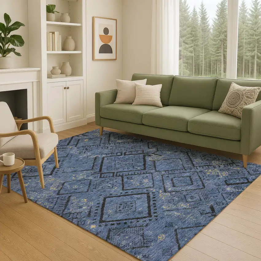 Navy Blue And Blue Geometric Washable Indoor Outdoor Area Rug Photo 5