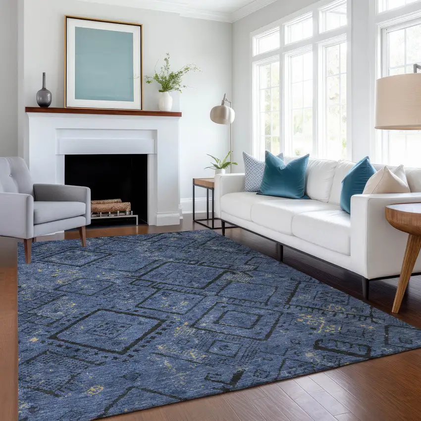 Navy Blue And Blue Geometric Washable Indoor Outdoor Area Rug Photo 6