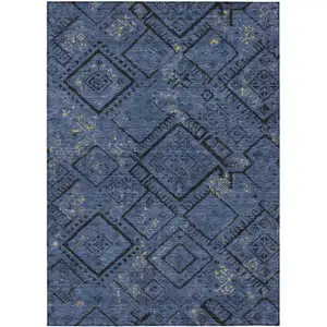 Photo of Navy Blue And Blue Geometric Washable Indoor Outdoor Area Rug