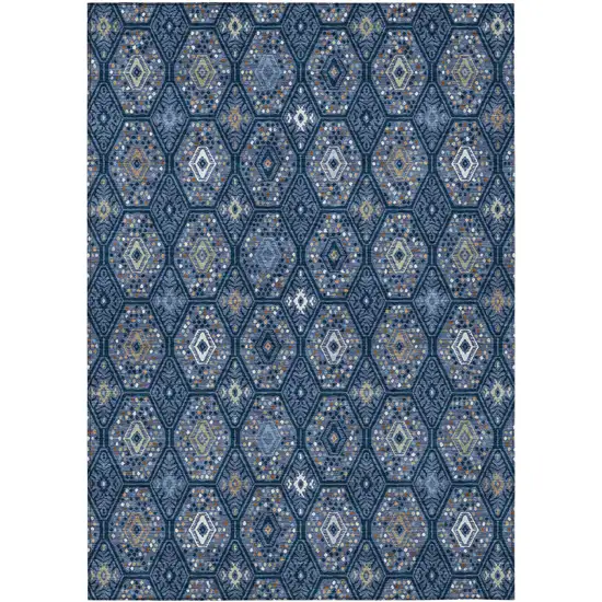 Navy Blue And Blue Geometric Washable Indoor Outdoor Area Rug Photo 1