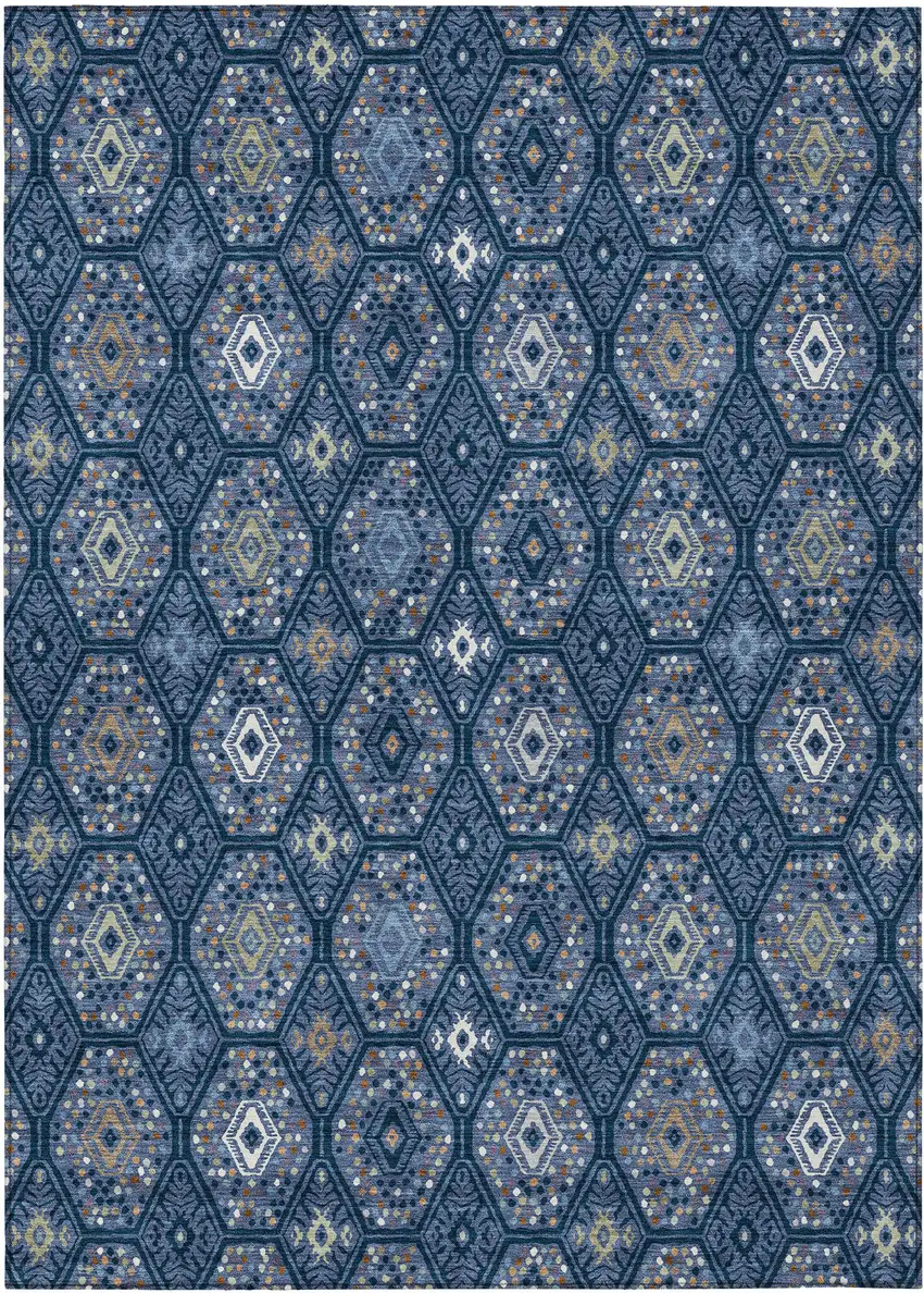 Navy Blue And Blue Geometric Washable Indoor Outdoor Area Rug Photo 1