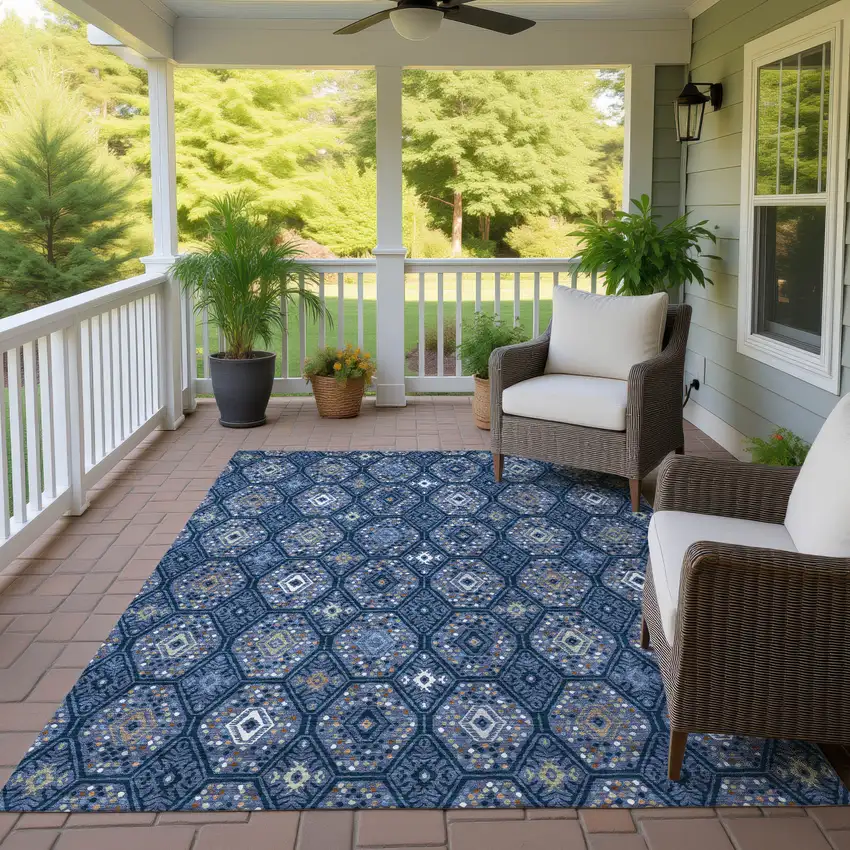 Navy Blue And Blue Geometric Washable Indoor Outdoor Area Rug Photo 4
