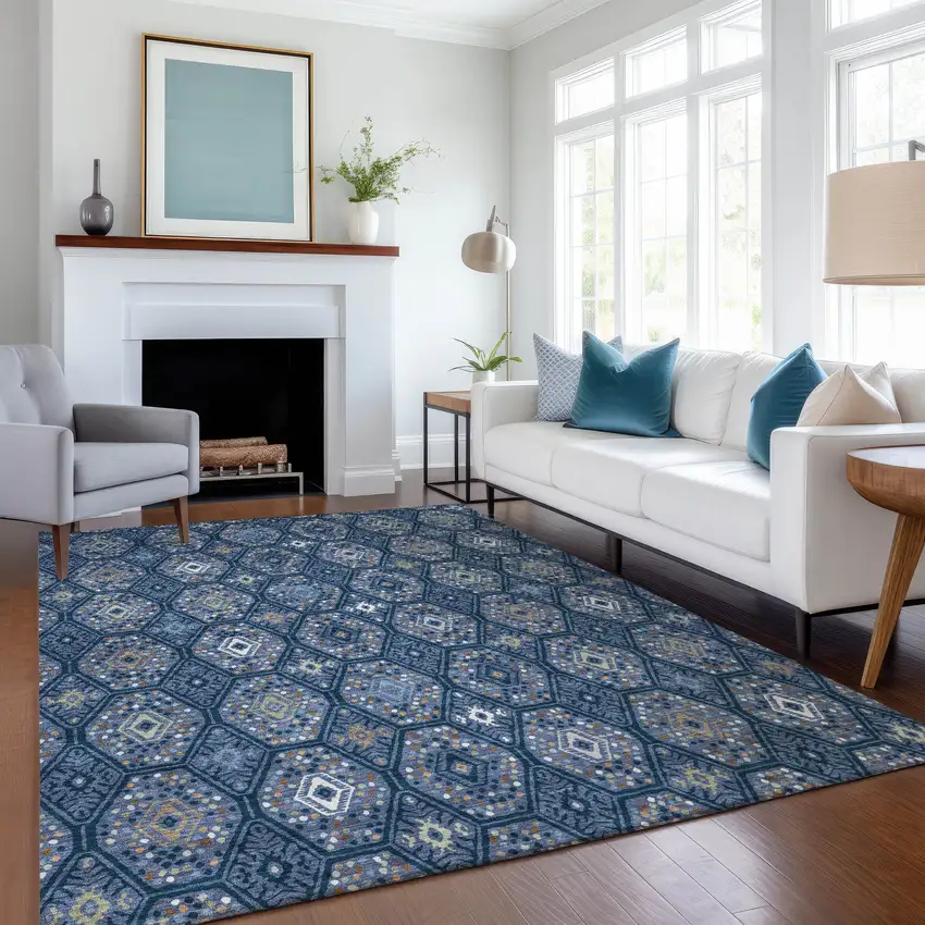 Navy Blue And Blue Geometric Washable Indoor Outdoor Area Rug Photo 6