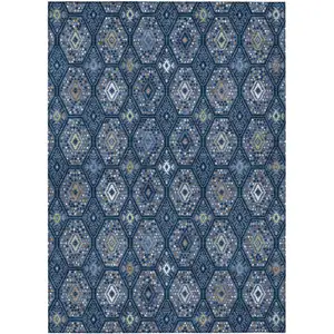 Photo of Navy Blue And Blue Geometric Washable Indoor Outdoor Area Rug