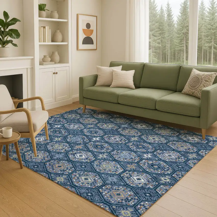 Navy Blue And Blue Geometric Washable Indoor Outdoor Area Rug Photo 5