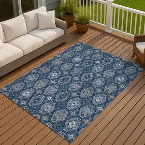 Photo of Navy Blue And Blue Geometric Washable Indoor Outdoor Area Rug
