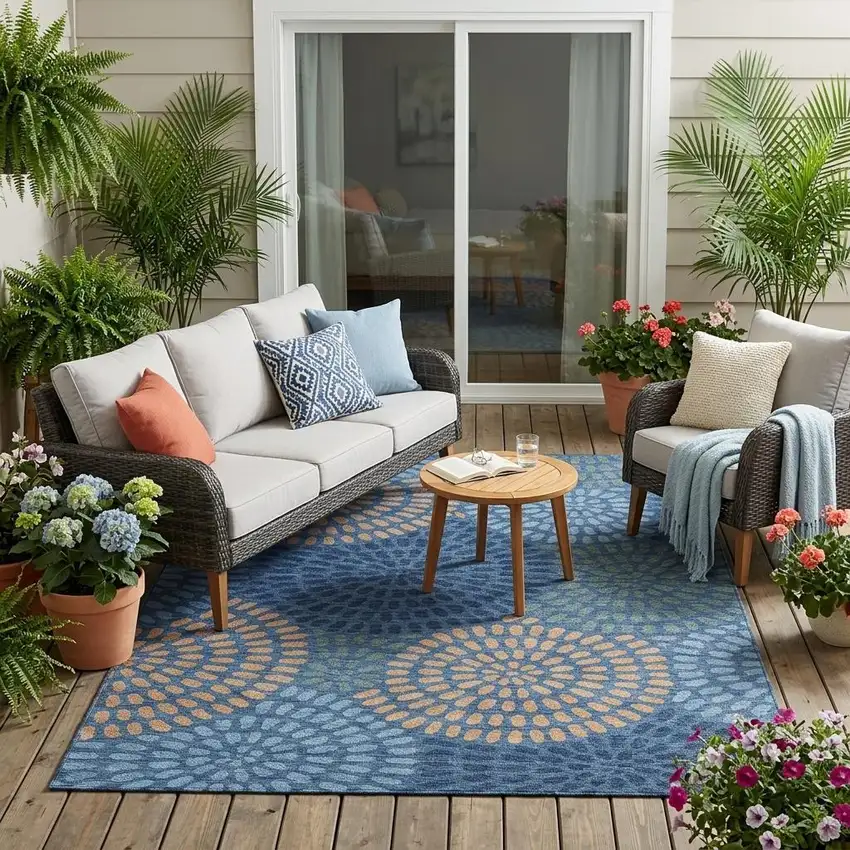 Navy Blue And Blue Geometric Washable Indoor Outdoor Area Rug Photo 1