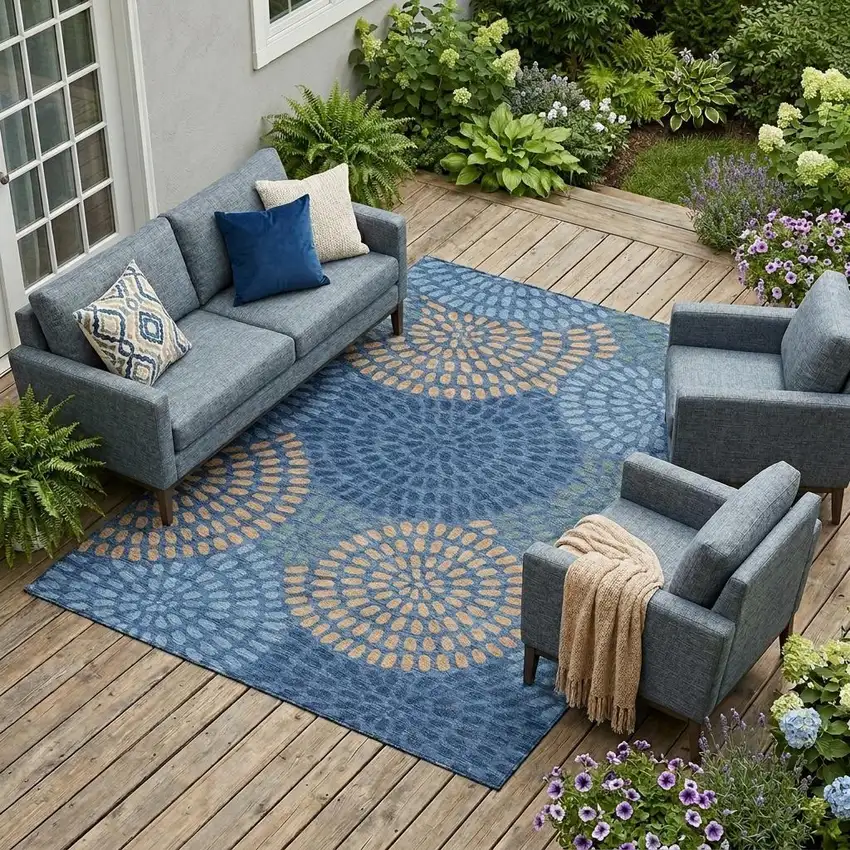 Navy Blue And Blue Geometric Washable Indoor Outdoor Area Rug Photo 1