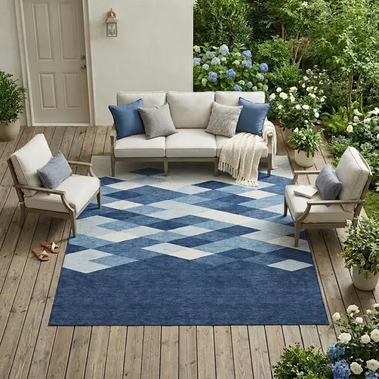 Navy Blue And Blue Geometric Washable Indoor Outdoor Area Rug Photo 1