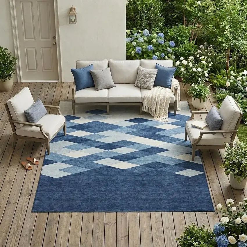 Navy Blue And Blue Geometric Washable Indoor Outdoor Area Rug Photo 1