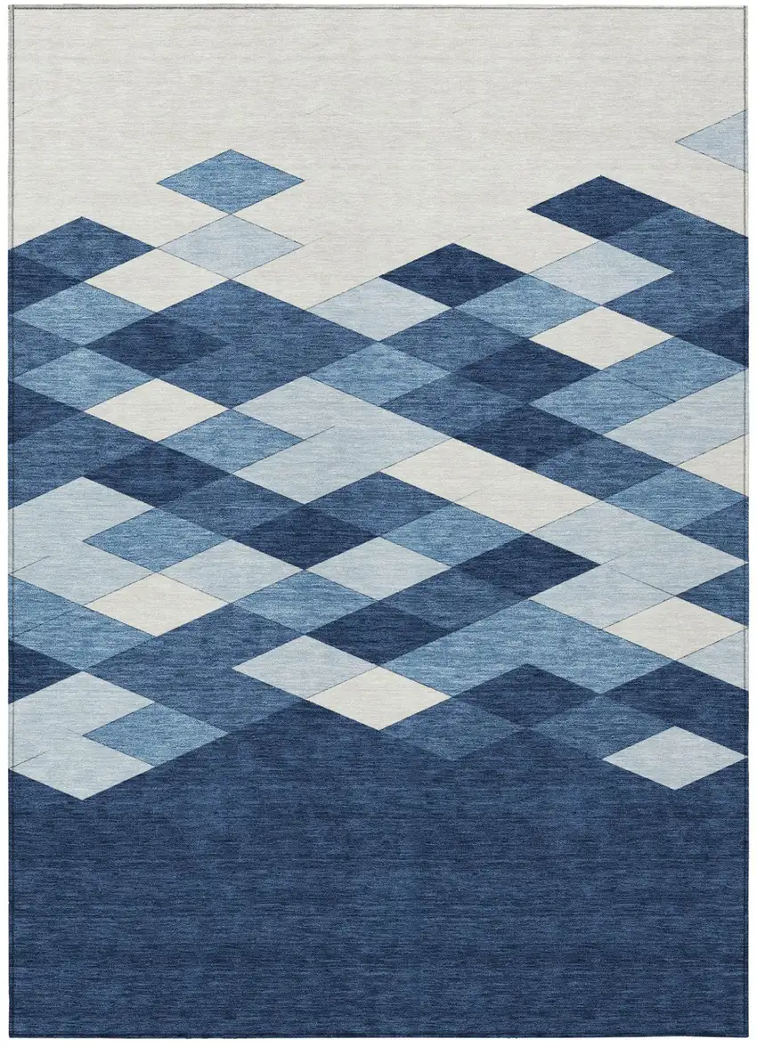 Navy Blue And Blue Geometric Washable Indoor Outdoor Area Rug Photo 2