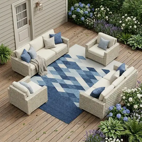 Navy Blue And Blue Geometric Washable Indoor Outdoor Area Rug Photo 1
