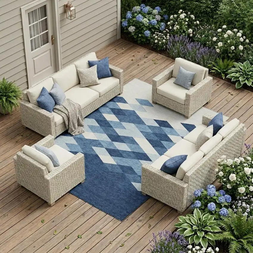 Navy Blue And Blue Geometric Washable Indoor Outdoor Area Rug Photo 1