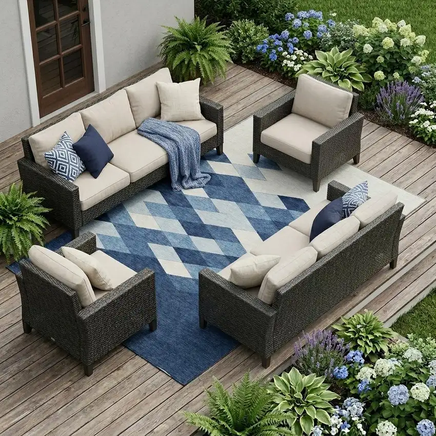 Navy Blue And Blue Geometric Washable Indoor Outdoor Area Rug Photo 1