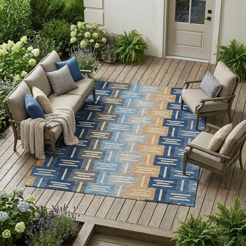 Navy Blue And Blue Geometric Washable Indoor Outdoor Area Rug Photo 1