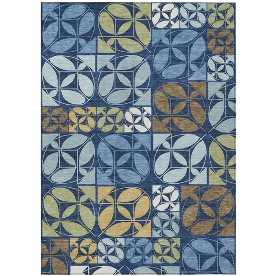 Navy Blue And Blue Geometric Washable Indoor Outdoor Area Rug Photo 1