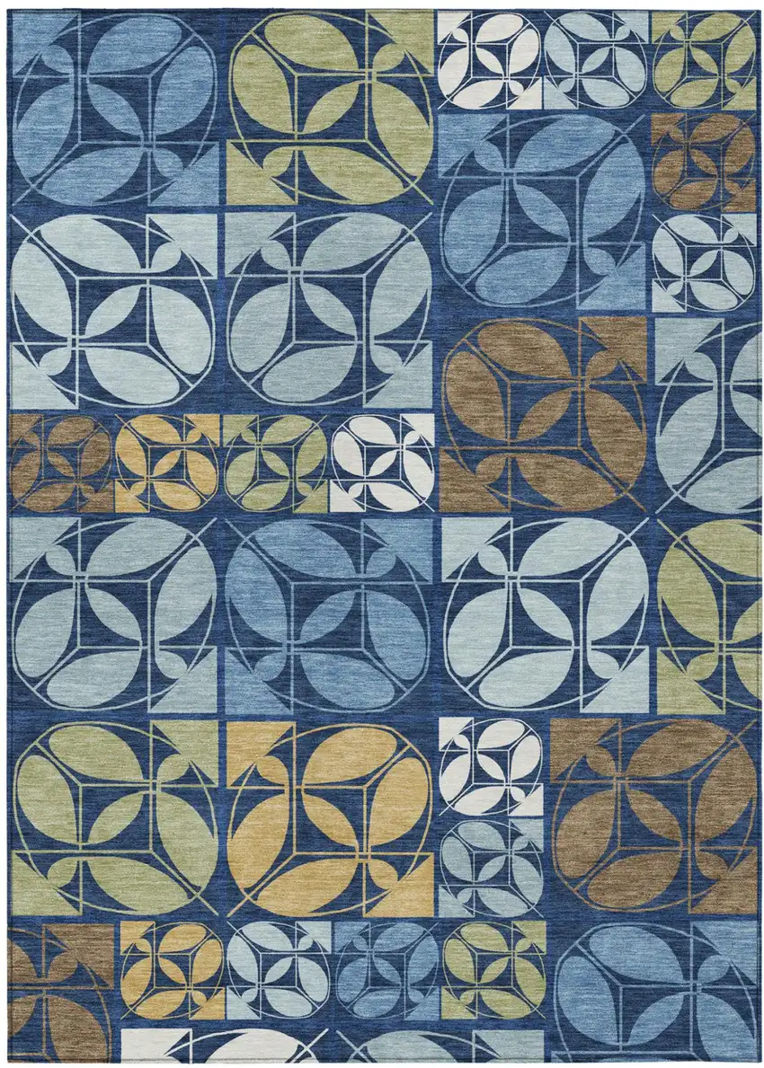 Navy Blue And Blue Geometric Washable Indoor Outdoor Area Rug Photo 1