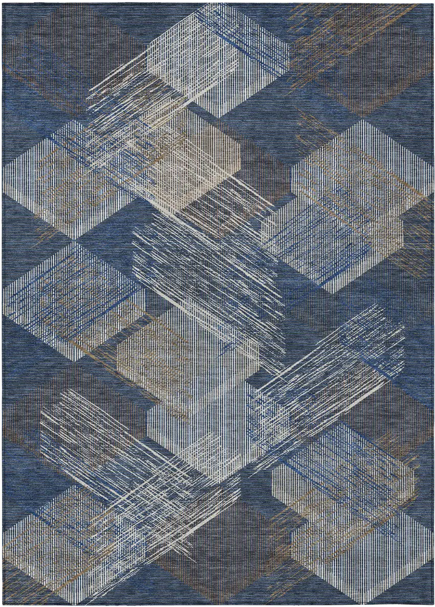 Navy Blue And Blue Geometric Washable Indoor Outdoor Area Rug Photo 1