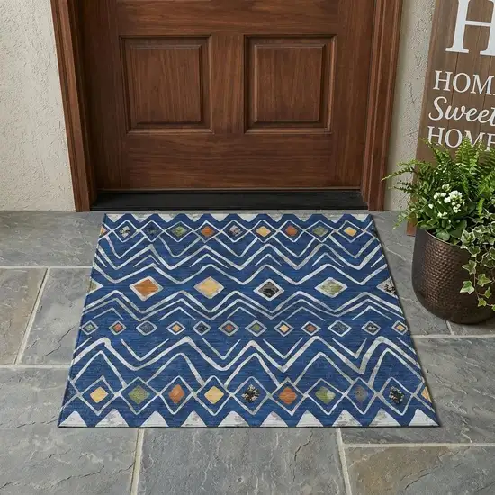 Navy Blue And Blue Geometric Washable Indoor Outdoor Area Rug Photo 1