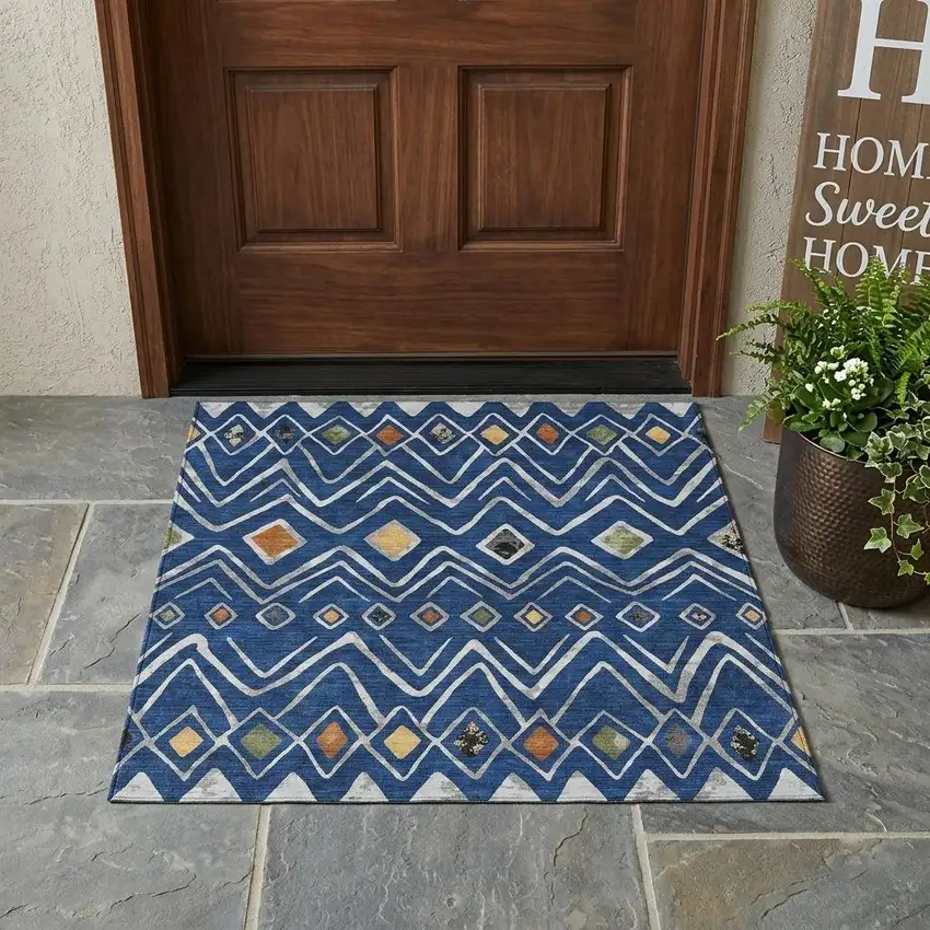 Navy Blue And Blue Geometric Washable Indoor Outdoor Area Rug Photo 1